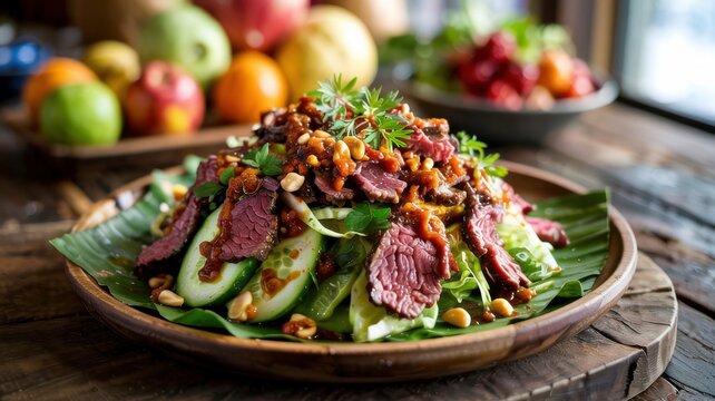 Indonesian cuisine. 
Rujak Daging is an exquisite dish of Indonesian cuisine, which is a warm meat salad with vegetables in a spicy sauce.