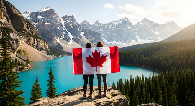 Spectacular canada day celebration majestic mountain views with a canadian flag in banff national park