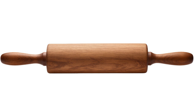 Classic brown wooden rolling pin with natural grain texture, isolated on transparent background for baking concepts