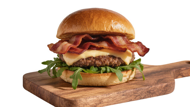 Burger with bacon cheese arugula, isolated on transparent background