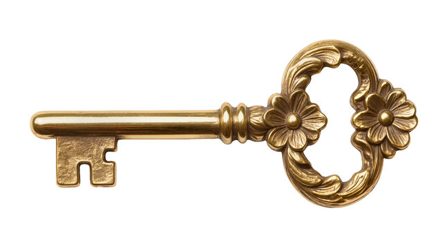 Ornate golden skeleton key with floral bow, isolated on transparent background