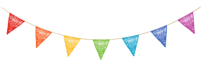 Horizontal festive pennant bunting. Colorful crayon triangle flags on rope isolated on white background. Hand drawn party garland for celebration decor. © Mariia