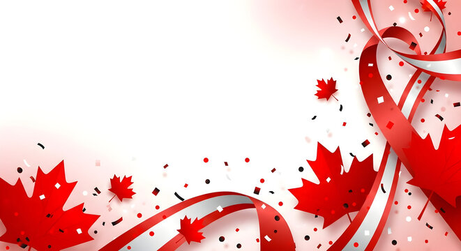 Celebrate canada day festive background with maple leaves ribbons and patriotic red and white colors