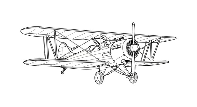 Detailed outline of a vintage biplane with propeller in black and white