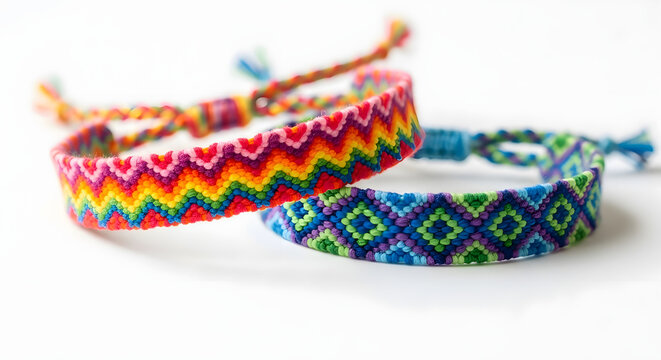 Two colorful woven bracelets on a white background, one with a zig-zag pattern and the other with a diamond pattern