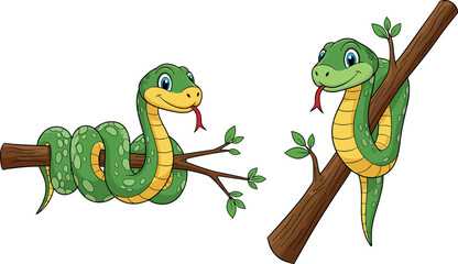 Fototapeta premium Cute cartoon snake vector illustration set with green smiling serpents on tree branches isolated playful animal characters design