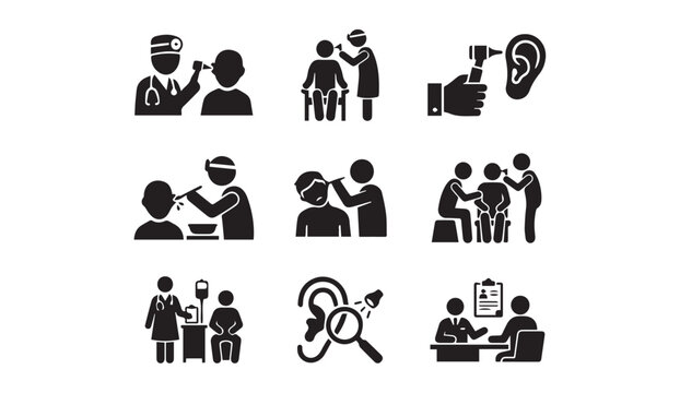 Ear examination hearing loss icons - ent doctor otoscope medical checkup