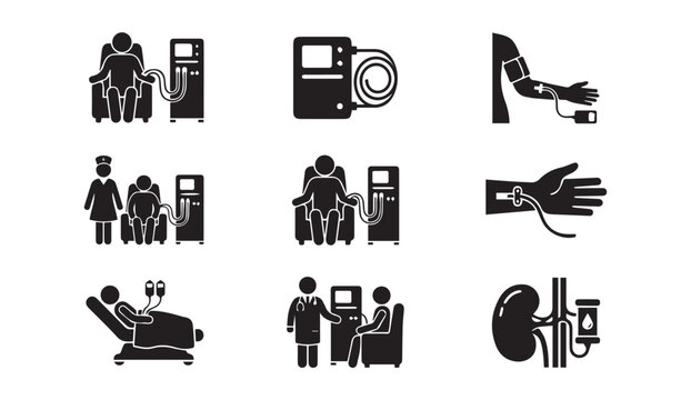Hemodialysis kidney treatment icons - dialysis machine patient healthcare