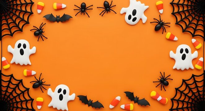 Festive halloween decorations spooky border with ghosts spiders and candy