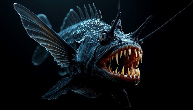 A fearsome deep-sea anglerfish-like creature with a menacing open mouth and razor-sharp teeth in the dark abyss.
