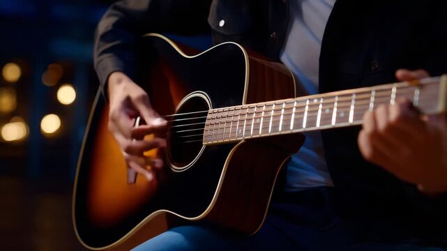 Cinematic close-up of faceless hands strumming a resonant chord on a glossy acoustic guitar, detailed view of polished fretboard and metallic strings catching highlights, music not