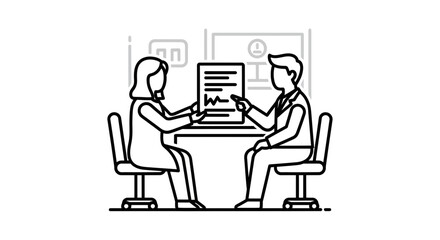 Fototapeta premium Business meeting: two people discussing document at desk, office background, line art