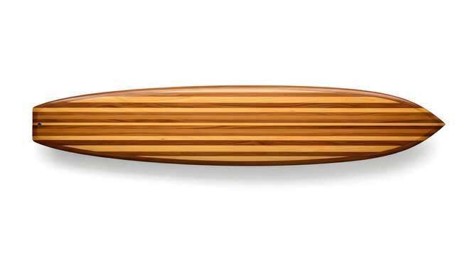 A wooden surfboard with a striped pattern lies on a white background