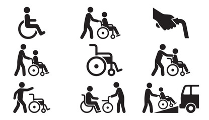 Wheelchair accessibility icons: disability, assistance, care, and mobility © Vector Galaxy