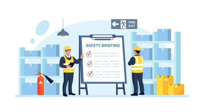OSHA, PPE training to protect employees from health and safety hazards on the job. Industrial worker attending a safety training with a whiteboard. OSHA officer briefing workers at assembly point