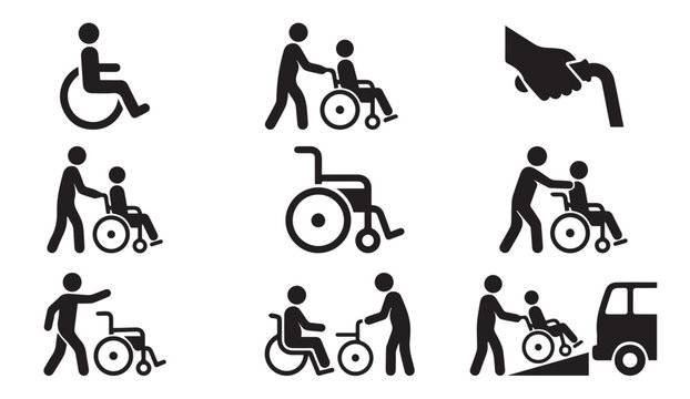 Wheelchair accessibility icons: disability, assistance, care, and mobility