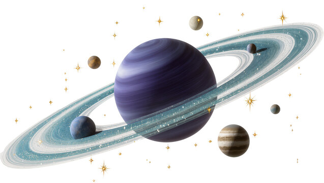Ringed planet with moons and stars, isolated on transparent background