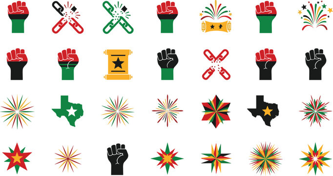 Juneteenth celebration icons with fists stars and Texas symbols