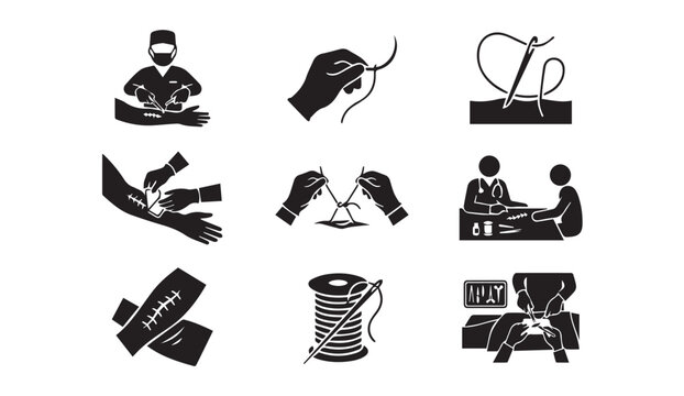 Surgical suturing icons: medical operation, wound repair, and healthcare