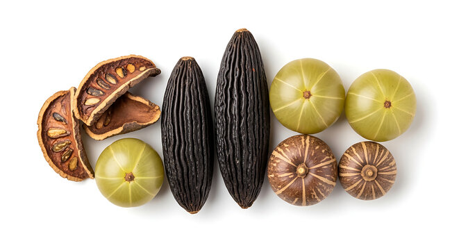 Assortment of triphala ayurvedic herbs including fresh amla, haritaki and bibhitaki fruits