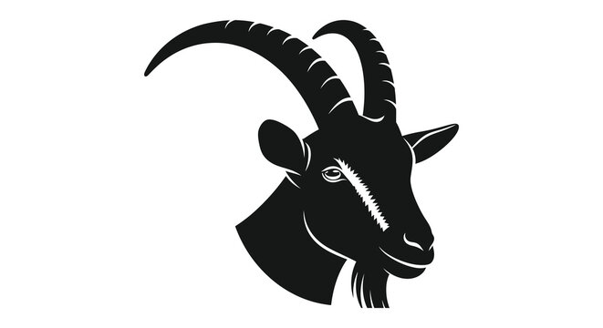 A striking black and white depiction of a majestic mountain goat head showcasing its curved horns a bold silhouette