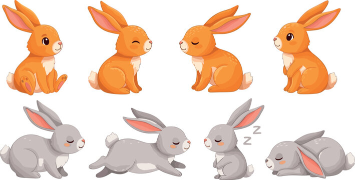 Cute Rabbit Illustration Set in Various Poses and Colors