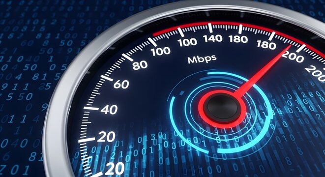 High-speed internet speedometer gauge showing 140 Mbps on digital data background with glowing blue light