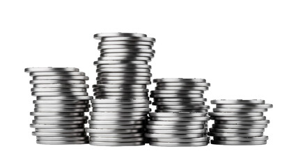 Four shiny metallic silver coin stacks, isolated on transparent background