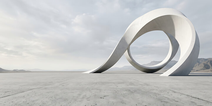 Abstract modern exterior featuring a white curved concrete building and an empty cement floor, minimal architectural background, 3D rendering