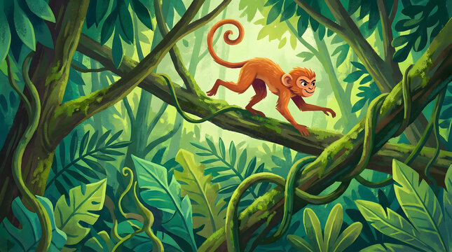 Orange monkey climbing on a branch in a lush tropical rainforest with dense green foliage and vines