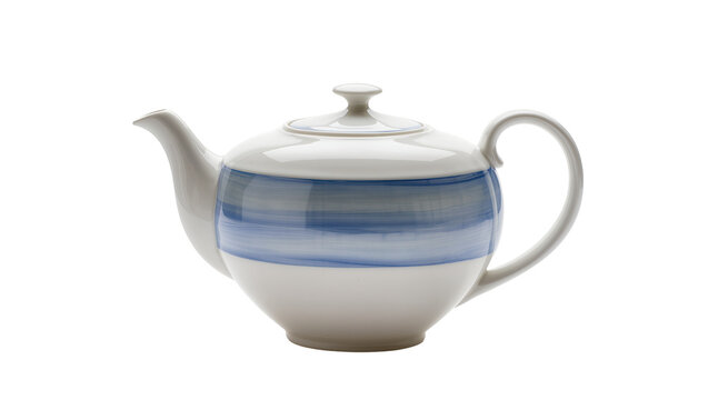 Ceramic teapot with blue stripe, isolated on transparent background for tea