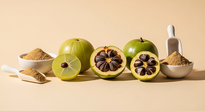 Green monk fruit whole and halved with bowls of granulated sweetener and a bottle of liquid extract.