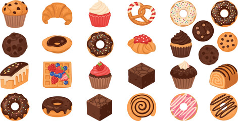 Dessert Icon Set Featuring Donuts, Cupcakes, Cookies, Brownies, and Sweet Treats for Bakery, Dessert, and Snack Themes
