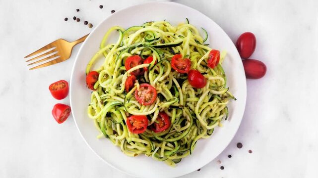 Zucchini pasta topped with tomatoes and basil pesto. Slow rotating zoom motion. Top view on a white marble background. Healthy eating, low carb diet concept.