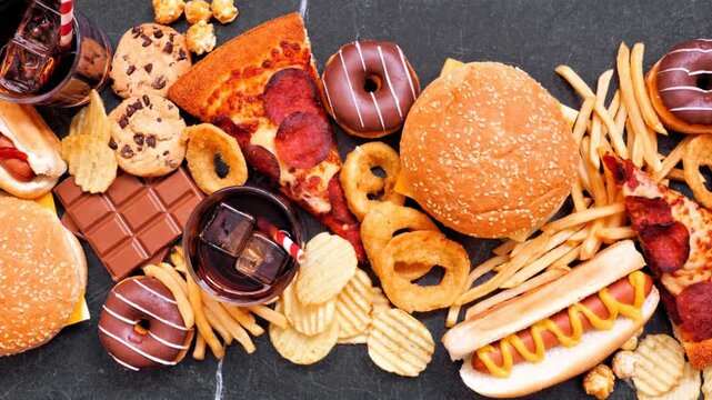 Junk food scattered over a dark background. Slow rotating zoom motion. Mixture of take out and fast foods. Pizza, hamburgers, french fries, chips, hot dogs, sweets. Above view.