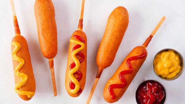 Corn dogs with a variety of toppings. Slow rotating zoom motion. Above view over a white marble background.