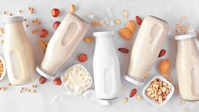 Vegan, plant based, non dairy milk. Variety in milk bottles with scattered ingredients. Slow rotating zoom motion. Above view over a white marble background.