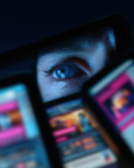 Human eye focused on digital screen with light reflection