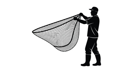 A fisherman stands holding a large dip net poised for a catch depicted in a striking silhouette high quality professional detailed © rabbivay