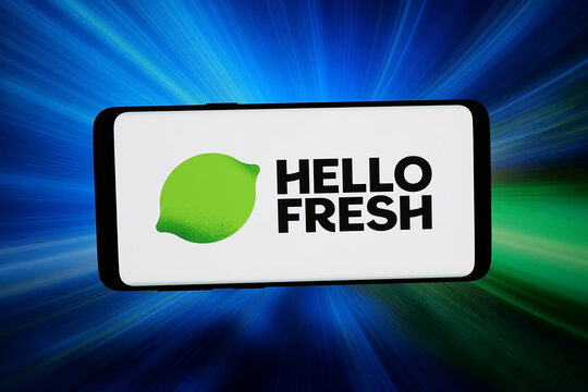Stuttgart, Germany - 03-19-2026: In this photo illustration, the logo of German meal-kit company HelloFresh SE is displayed on a smartphone in front of abstract background on computer screen.
