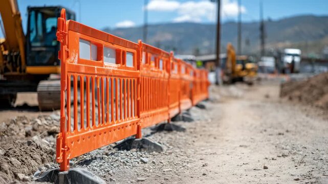 Close-up of bright orange temporary construction fencing with sturdy metal posts, forming a secure perimeter around an active work zone, reflective warning signs attached, ground s