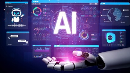 Futuristic Concept of Artificial Intelligence with Robotic Hand Displaying Data and Visualization...