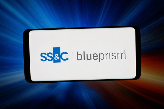 Stuttgart, Germany - 03-19-2026: In this photo illustration, the logo of automiation software company Blue Prism (SSC) is displayed on a smartphone in front of abstract background on computer screen.