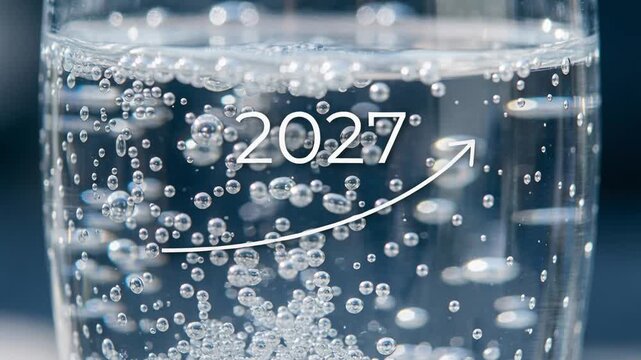 Champagne glass with rising bubbles and 2027 text. Symbol of business growth and success for New Year celebration. Festive conceptual animation of future prosperity.