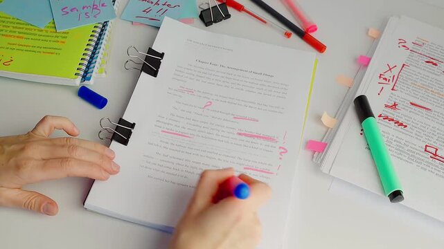 Hands correcting a printed document with visible edits, symbolizing the proofreading process, error detection, and text improvement