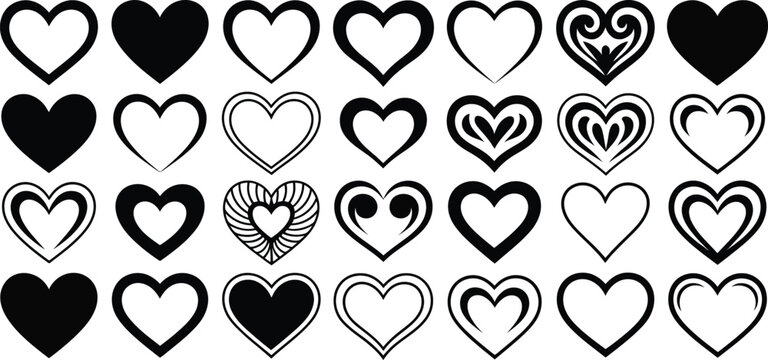 Black and white heart icons, heart shapes, love symbols, vector graphics