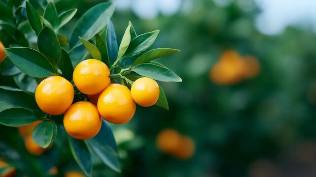 Detailed branch-level perspective showing clusters of oranges at varying stages of ripeness, vibrant color gradients from green to deep orange, dense leafy backdrop, natural daylig