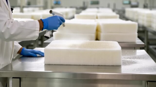 A scientist in a lab coat sprays a substance on a block of white material in a factory setting with rows of similar blocks