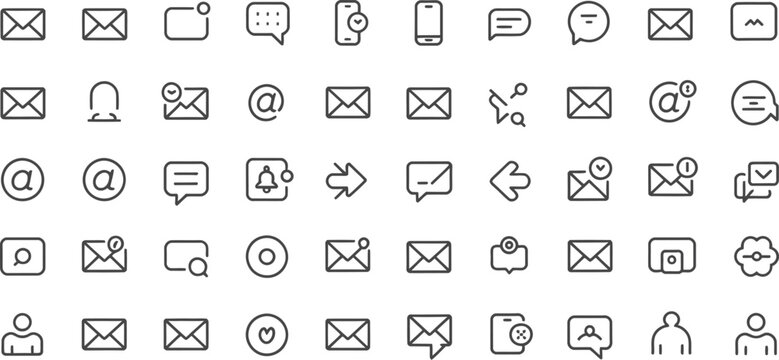Email icon set, communication symbols, messaging graphics, 40 black line icons