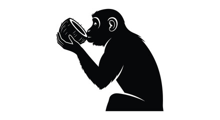 A monkey curiously drinks from a halved coconut shell presented in a striking black silhouette high quality professional detailed modern elegant © rabbivay